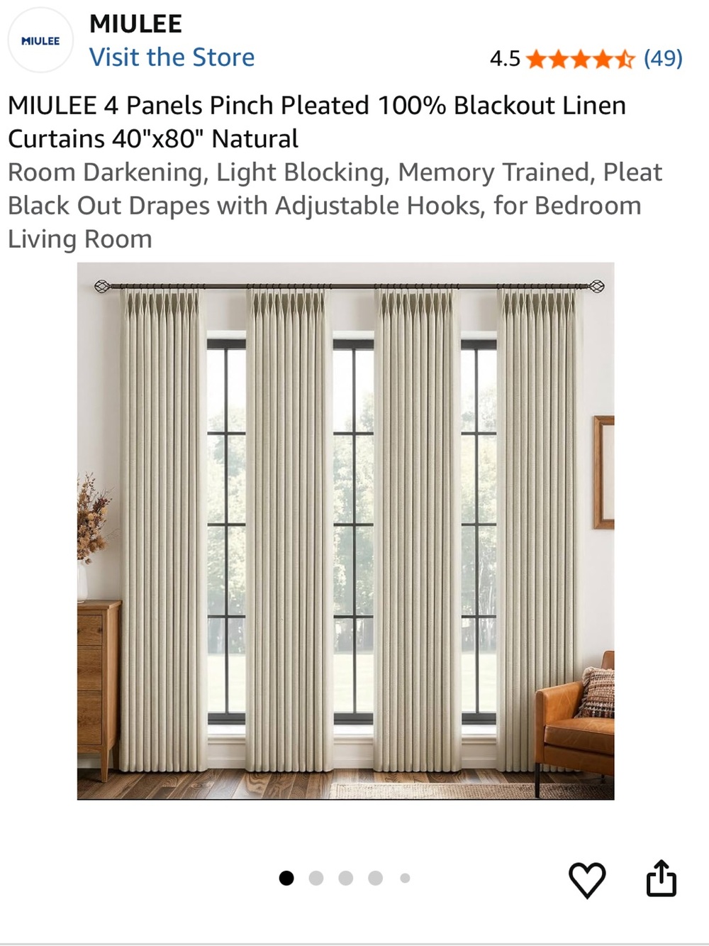 NEW MIULEE Pinch Pleat Blackout Linen Curtains in Natural - FOUR Panels- 40”x80”